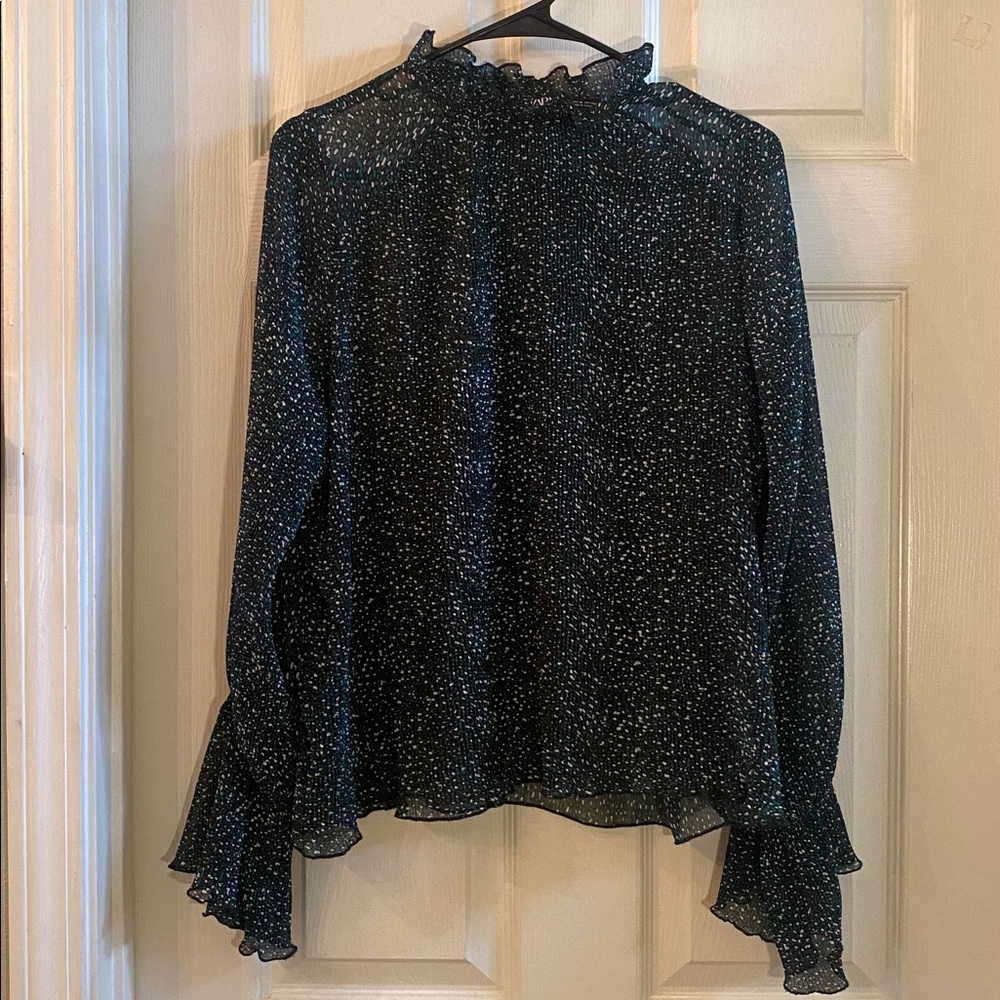 Zara Black & Green Speckled Sheer Blouse with Ruffle Cuffs - Picture 4 of 14